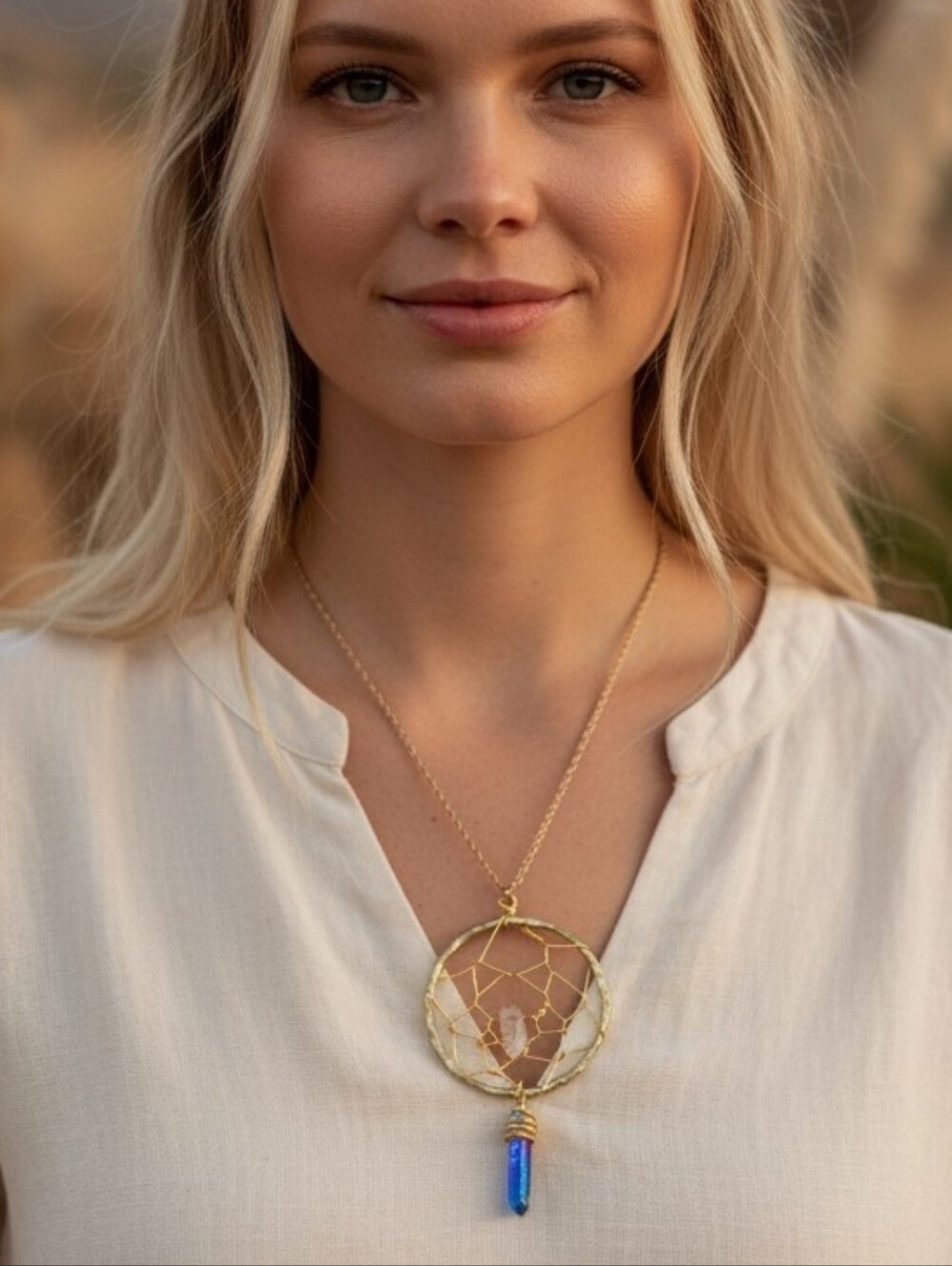 Long Metallic Blue Quartz Dream Catcher Necklace